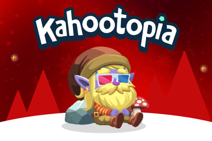 Kahootopia Christmas graphic featuring a cartoon gnome character with a beard and 3D glasses sitting in the snow against a red, snowy background.