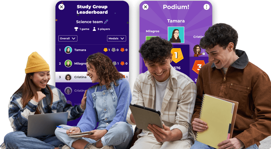 Group of diverse, smiling students collaborating with laptops and tablets, with overlaid mobile screens showing a 