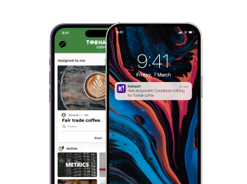Two mobile phones showing the TOOHAK COFFEE learning app and a push notification for a new Kahoot! compliance training assignment.