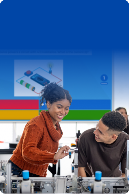 A blue-tinted photograph of healthcare students in scrubs sitting around a conference table engaged in a lively discussion, with a Kahoot! presentation visible on a screen in the background