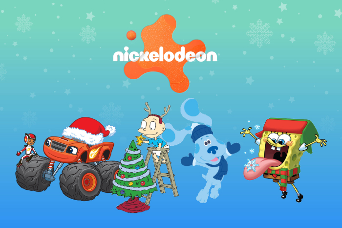 Nickelodeon Christmas graphic featuring animated characters Blaze, Tommy Pickles, Blue, and Spongebob Squarepants decorating a Christmas tree and playing in the snow, set against a blue and green snowy background.