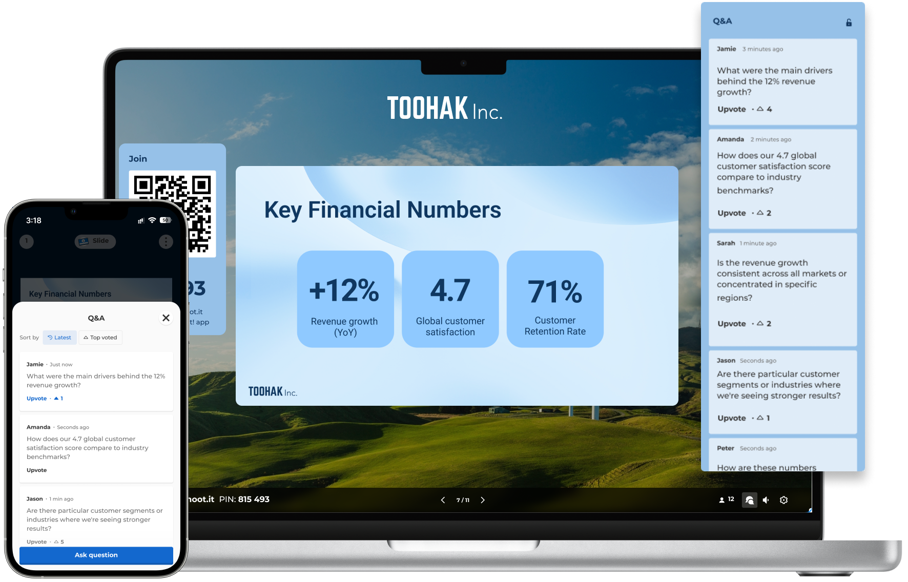 A male presenter leading an interactive business meeting, standing next to a large screen displaying a quiz question about the benefits of choosing Seville for a new assembly plant.