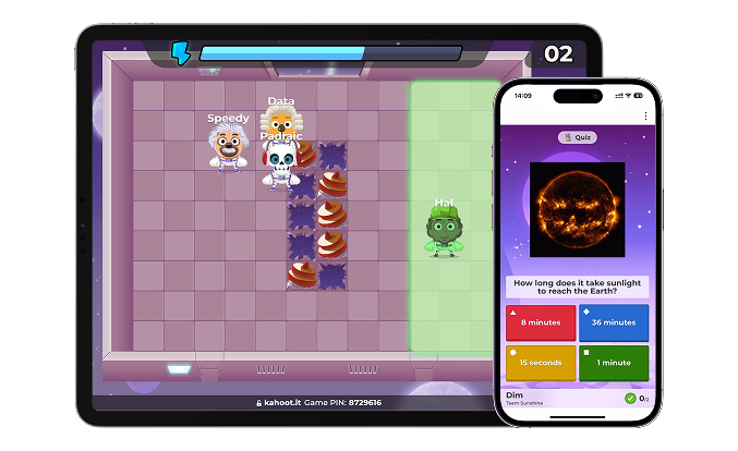 A digital illustration shows a tablet and a smartphone side-by-side, both displaying a Kahoot! interactive game session. The tablet features a top-down view of a tile-based game board with several colorful character icons, including "Speedy," "Padraic," and "Hal," moving through a space-themed environment. The smartphone displays a multiple-choice quiz question: "How long does it take sunlight to reach the Earth?" with four possible answer options provided in colorful boxes.