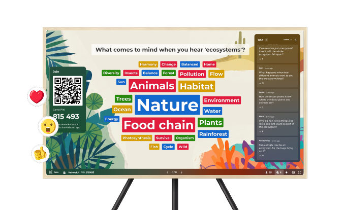A television screen displays a Kahoot! word cloud based on the question, "What comes to mind when you hear 'ecosystems'?". Key terms like "Nature," "Animals," "Food chain," and "Habitat" are prominently displayed in large, colorful boxes, surrounded by smaller related words such as "Trees," "Plants," and "Energy". The screen also features a QR code and Game PIN for participants to join, alongside a live Q&A panel on the right with student questions. Floating emoji icons like a heart and a thumbs-up appear on the left side of the screen.