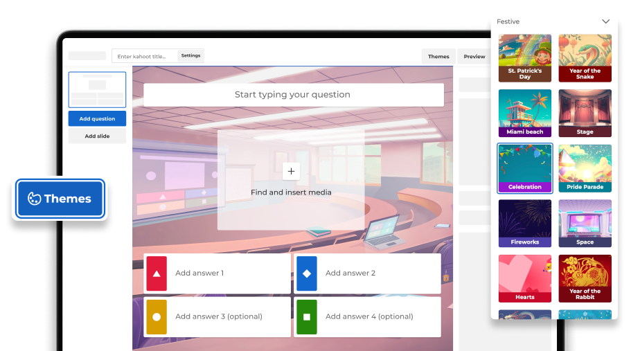 A laptop screen displays the Kahoot! creator interface, where a new quiz is being designed. The main workspace shows a classroom-themed background with placeholders to 