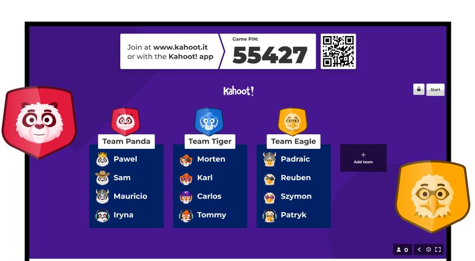 A digital screen shows a Kahoot! game lobby set up for team play. At the top, a Game PIN (55427) and a QR code are displayed for participants to join. The lobby currently features three teams with four members each: Team Panda (including Pawel and Sam), Team Tiger (including Morten and Karl), and Team Eagle (including Padraic and Reuben). Large character shields for a panda and an eagle flank the team lists, and a button to 