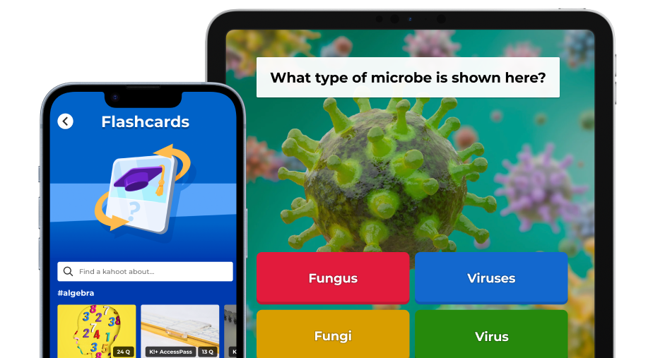 A tablet and smartphone are shown side-by-side displaying educational content. The tablet features a biology quiz question, 