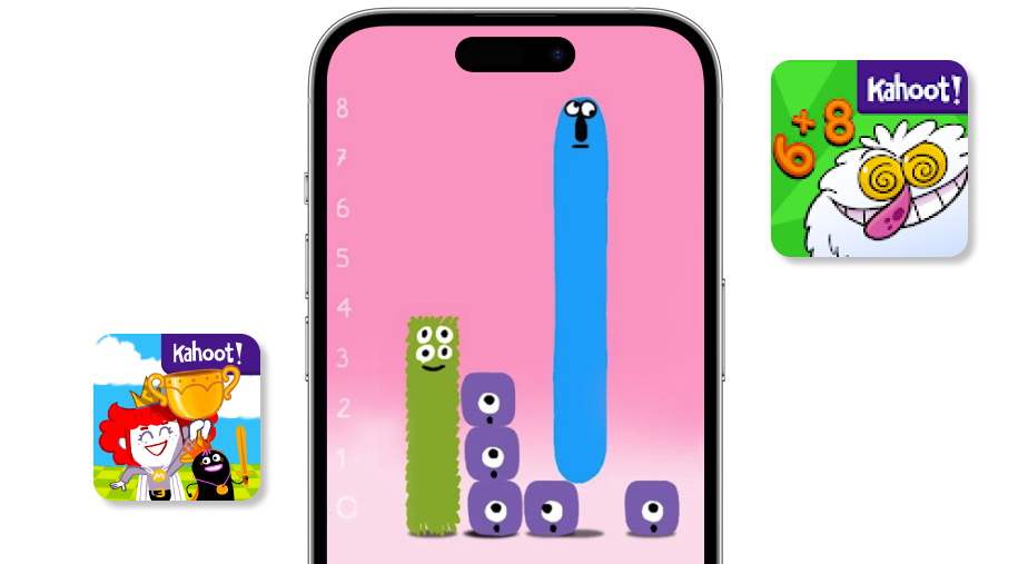 A smartphone with a pink background displays a math-related game interface featuring several colorful, animated characters with varying numbers of eyes. The characters are arranged like bars in a graph against a vertical scale numbered 0 to 8, with a long blue character reaching the number 8. To the left and right of the phone, two app icons are shown: one featuring a red-haired character holding a trophy and another with a furry white character under a math-themed 
