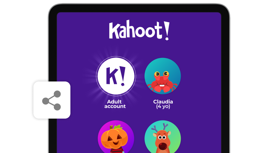 A tablet screen displays a Kahoot! account selection interface on a purple background. Four circular profile icons are visible: a white icon labeled 
