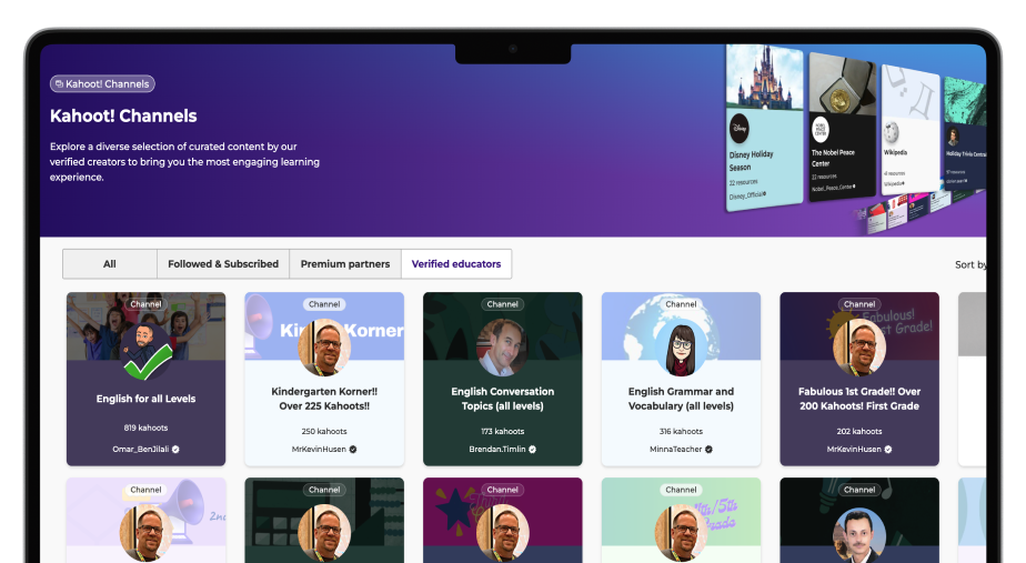 A laptop screen displays the Kahoot! Channels page, which features a curated selection of content from verified creators. The top banner highlights premium partners such as Disney Holiday Season, The Nobel Peace Center, and Wikipedia. Below the banner, a grid of 