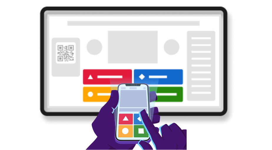 A digital illustration shows a pair of hands holding a smartphone in front of a larger tablet or monitor screen. The smartphone screen displays four colorful, interactive buttons—a red triangle, a blue diamond, a yellow circle, and a green square—which a finger is shown pressing. These buttons correspond to the color-coded answer choices displayed on the background screen, which also features a QR code in the top left corner.
