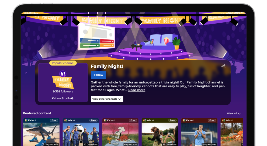 A tablet screen displays the Family Night! channel on the Kahoot! platform. The channel, created by KahootStudio with over 9,000 followers, features a purple banner with an illustration of a living room stage set for trivia. Below the channel description, a Featured content row shows several free kahoots with diverse cover images, including a shark wearing sneakers, a group of athletes, and a cartoon of Snoopy.