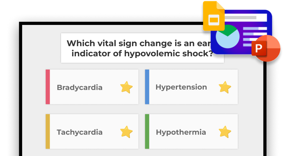 A digital screen displays a medical quiz question: 
