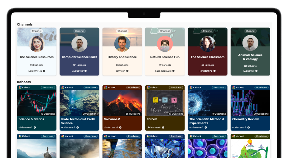 A digital dashboard displays two rows of educational content. The top row features six user Channels for various subjects, including 