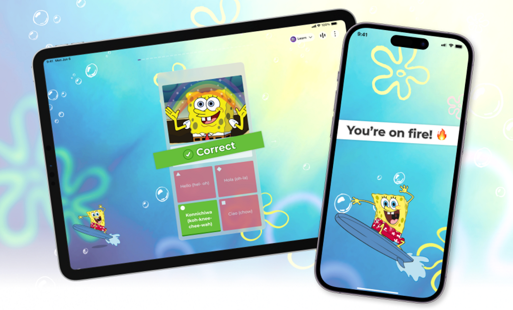 SpongeBob SquarePants study buddy on the Kahoot! app on a tablet and smartphone