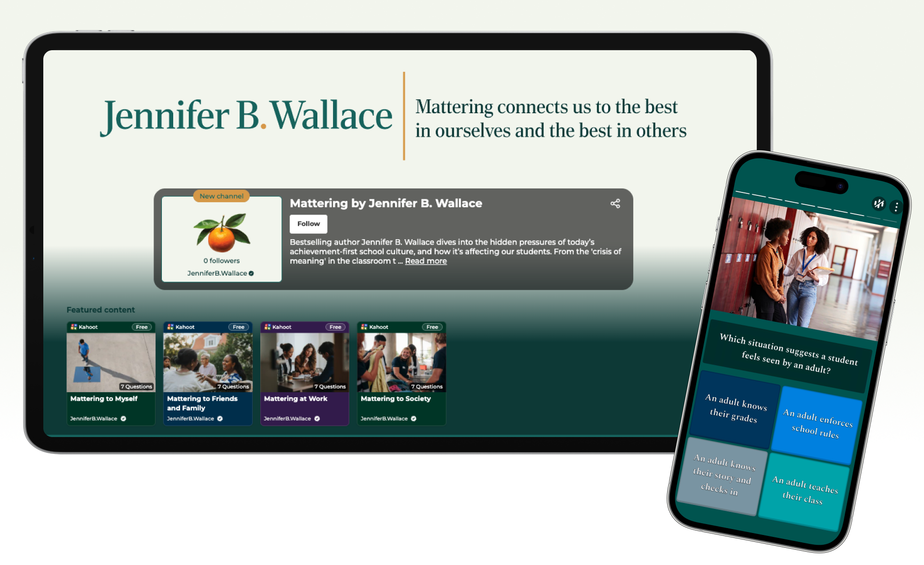 Jennifer B. Wallace channel on Kahoot! displayed on devices