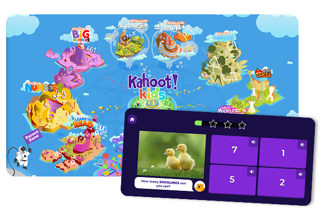 The provided image shows the Kahoot! Kids ecosystem, a specialized digital environment designed for young learners to explore various academic and strategic subjects through gamified islands.