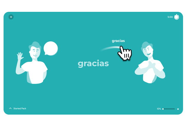 A digital interface on a teal background shows two stylized, light-blue male characters. The word 