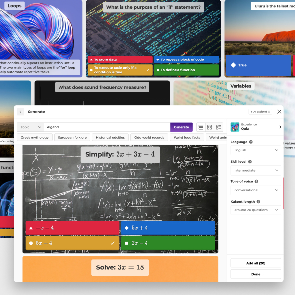 A digital interface showing an AI-assisted question generator. The foreground window shows an algebra problem being simplified over a chalkboard background. Behind it are various presentation slides covering topics like 