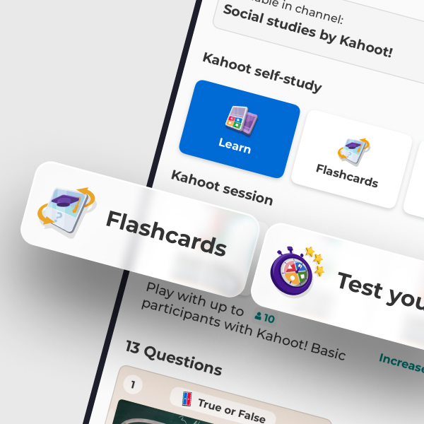 A close-up, angled view of a mobile app interface highlighting study features. Buttons for 