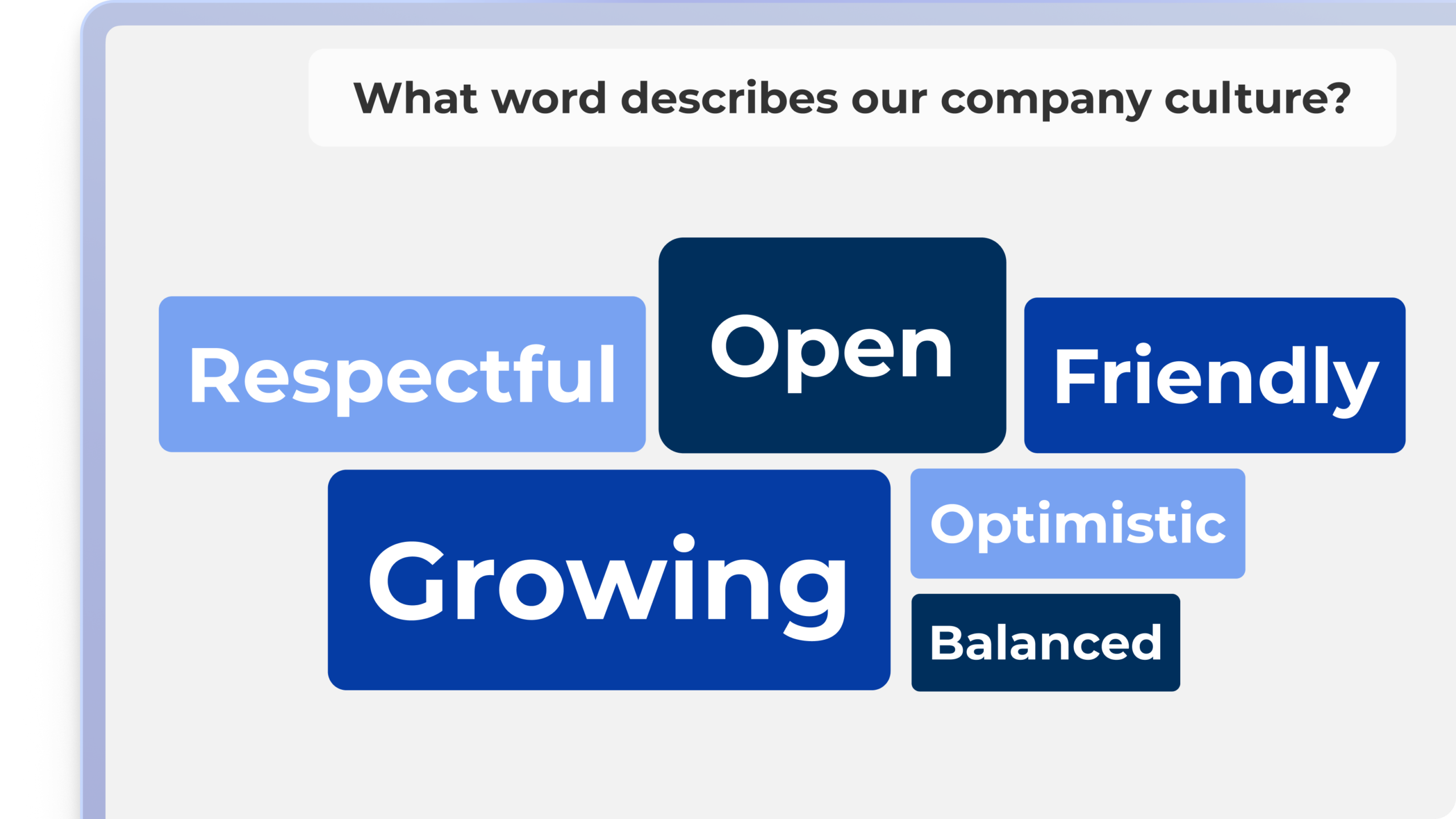 Several colorful word blocks of different sizes and shades of blue