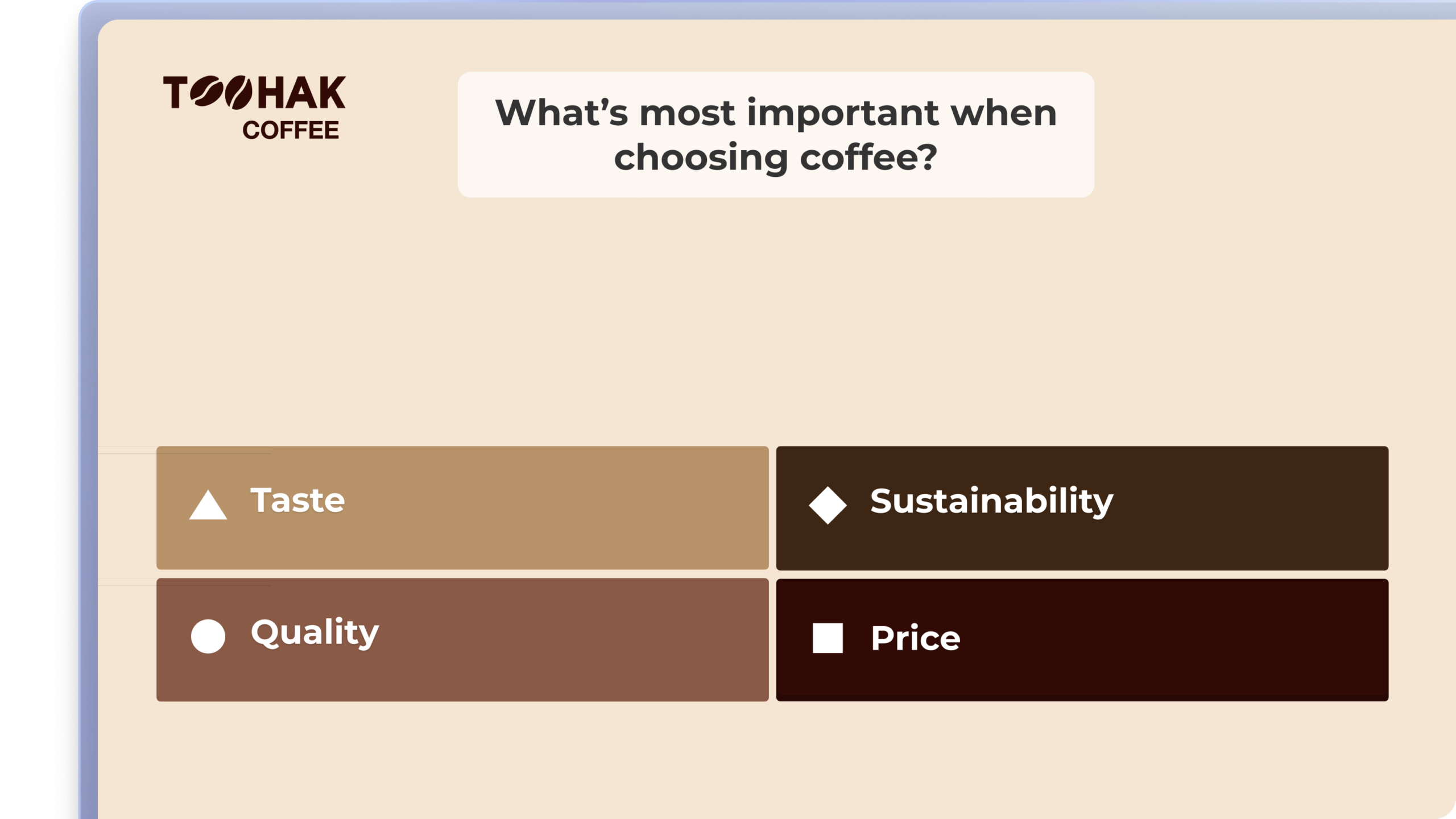 Kahoot! question screen branded with Toohak Coffee colors