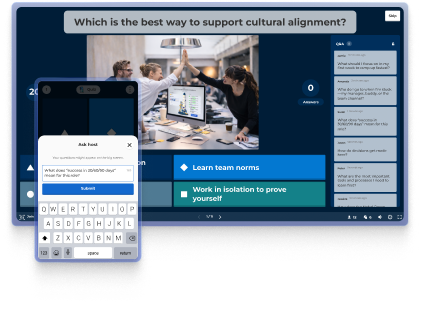 A digital illustration of a split-screen interface for a professional training session. The main background shows a live quiz question, 