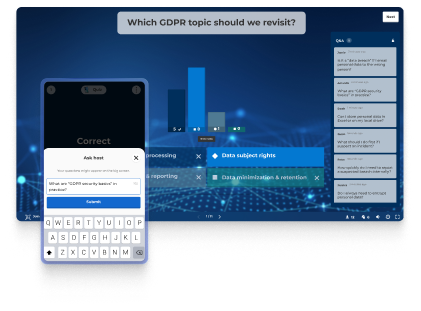 A digital illustration of a split-screen interface for a professional training session. The main background shows a live quiz question, 
