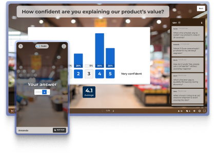A digital illustration of a split-screen interface for a professional training session. The main background shows a live quiz question, 