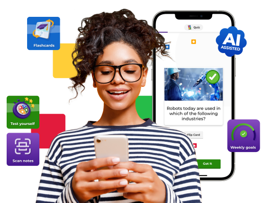 A young woman with glasses and curly hair smiling while looking at her smartphone. She is surrounded by floating colorful icons for app features like "Flashcards," "Scan notes," "Test yourself," and "Weekly goals." Behind her is a large smartphone screen displaying a quiz question about robots with an "AI Assisted" badge.