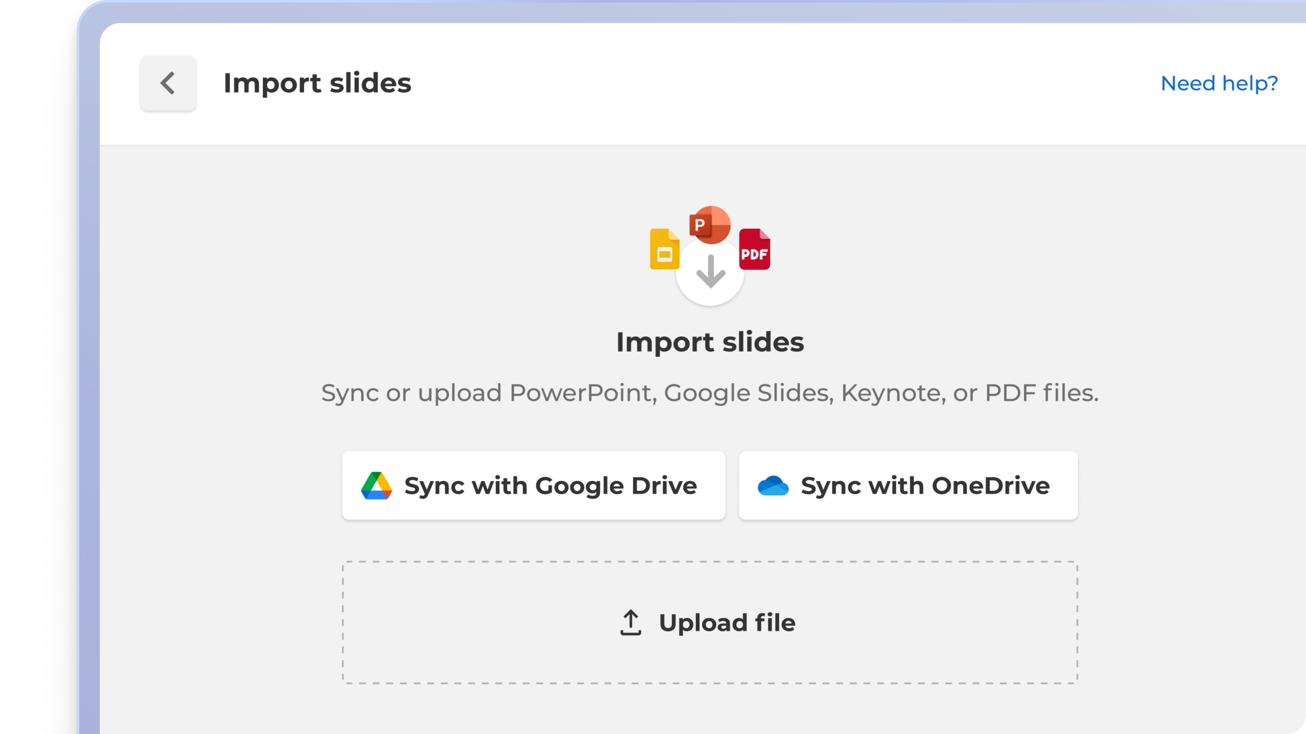 UI screen for uploading a file to import slides into a kahoot