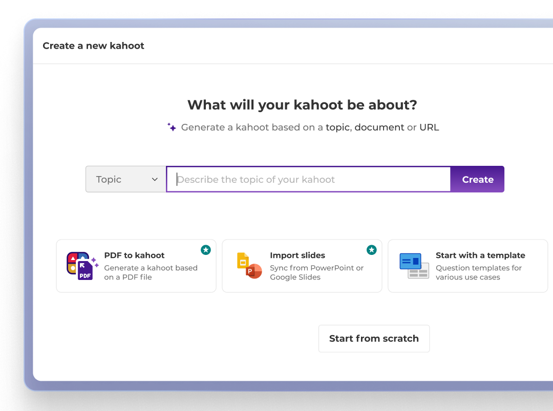 An interface for creating a kahoot instantly with AI which features a text input box with options below to import from PDF or slides (Google/PowerPoint).