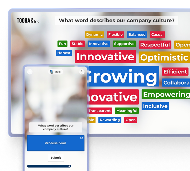 An interactive word cloud. Words like Growing, Innovative, and Optimistic are shown in various sizes and colors.