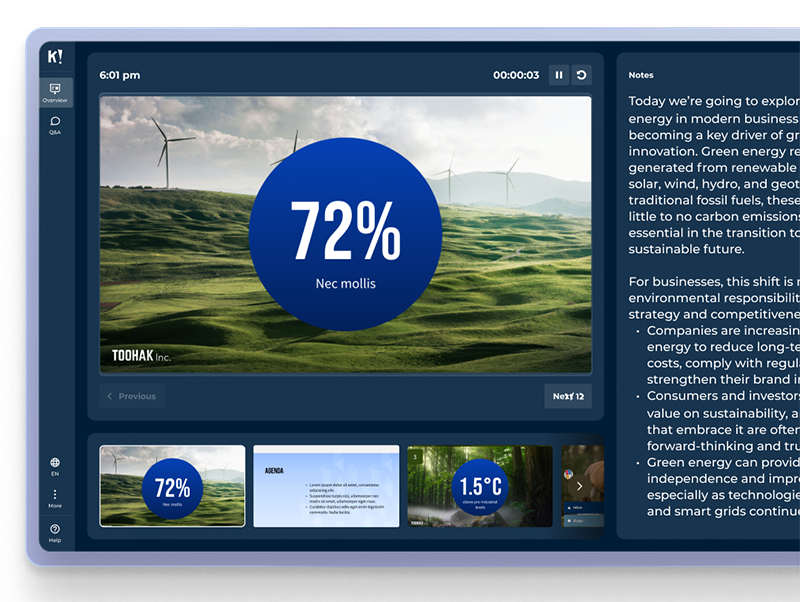 A large presentation slide with smaller slide thumbnails visible at the bottom and a panel on the right showing presenter notes.