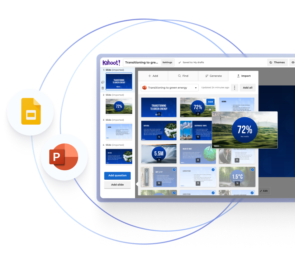 A layout showing the integration between presentation software and the platform. Circular icons for Google Slides and Microsoft PowerPoint orbit a dashboard that shows various presentation slides being imported and organized.
