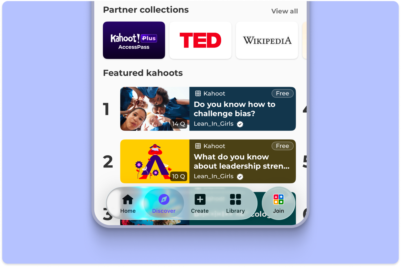 A close-up of a mobile app interface for Kahoot! showing a 