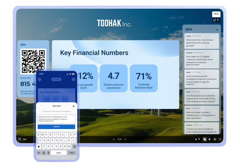 A large background screen displays a presentation slide for 