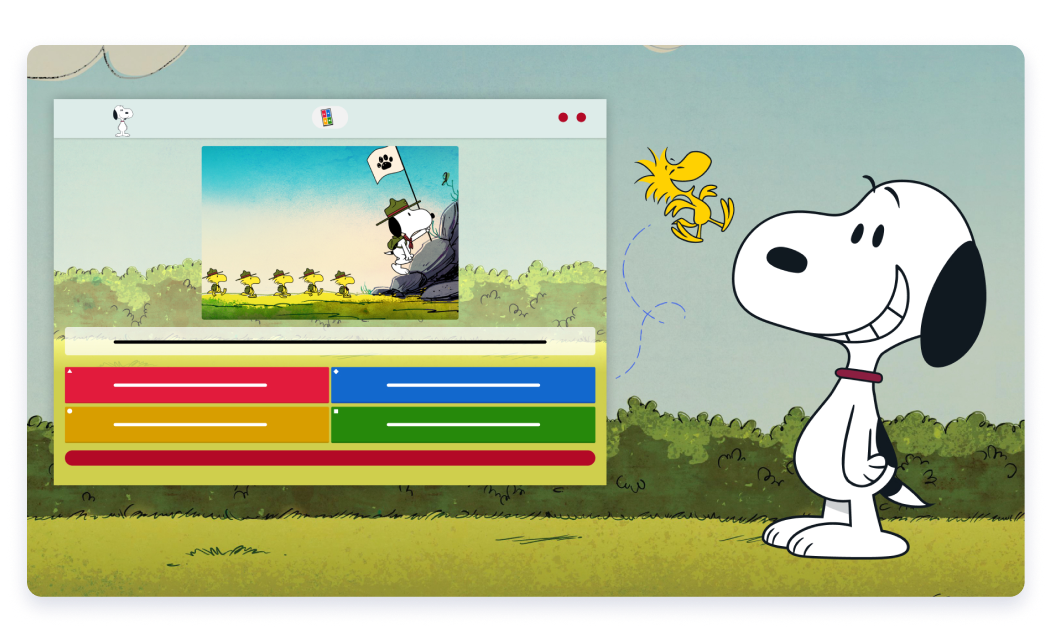An illustration featuring Snoopy and Woodstock next to a Peanuts-themed Kahoot! quiz window. Snoopy stands smiling on the right, while Woodstock flies nearby against a grassy background.