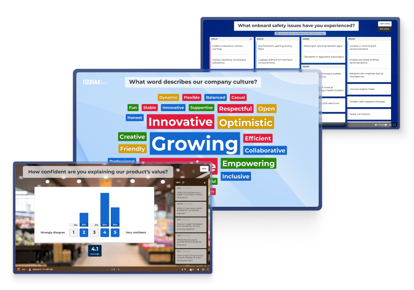 A large background screen displays a presentation slide for 