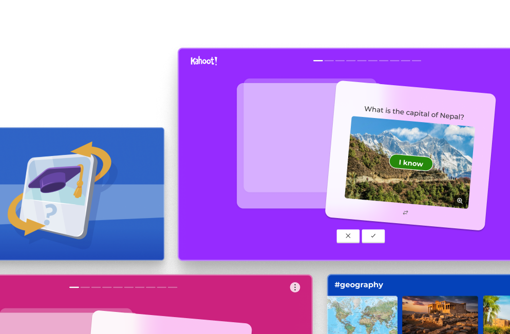 Kahoot quiz showing a geography question with flashcard-style learning and hashtag topic browsing