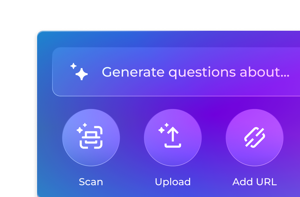 Kahoot AI quiz generator interface with options to scan, upload, or add a URL to automatically create quiz questions