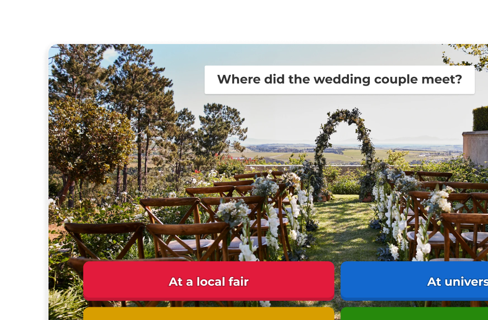 Kahoot quiz question 'Where did the wedding couple meet?' over an outdoor wedding venue with floral arch and answer options