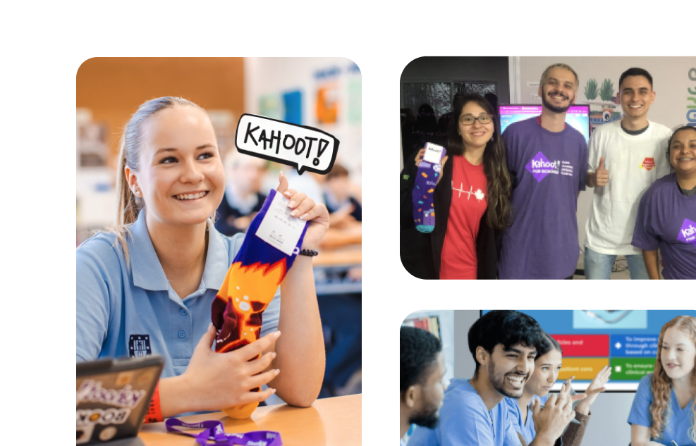 Students and teachers celebrating Kahoot with branded socks and merchandise in classroom and event settings
