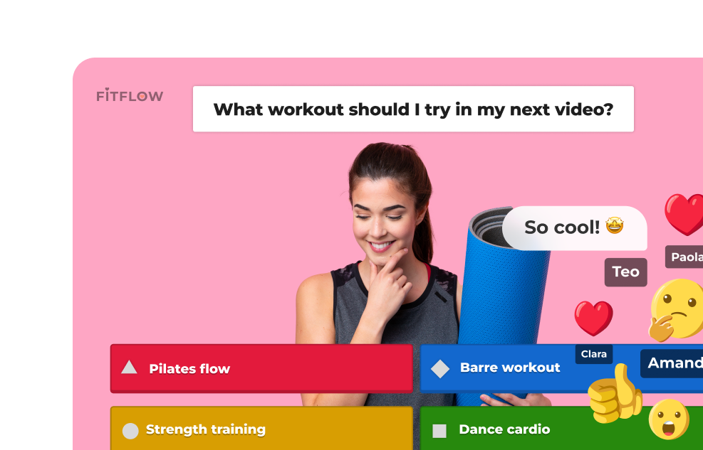 Kahoot quiz engagement screen for FitFlow asking viewers to vote on the next workout video topic