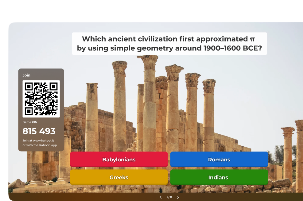 Kahoot quiz slide with four answer choices and a QR code to join the game