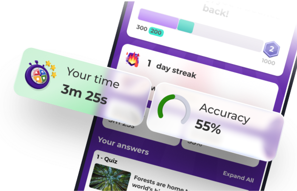 Kahoot mobile app showing quiz results with completion time of 3m 25s, 1-day streak, and 55% accuracy score