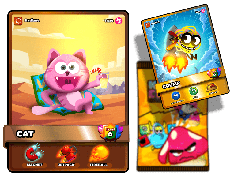 Kahoot game collectible cards showing Cat character at level 6 with Magnet, Jetpack and Fireball abilities, and Crump Rare card