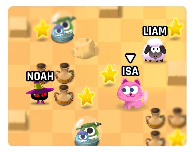 Kahoot game board with player avatars labeled Noah, Isa and Liam collecting gold stars on a desert-themed checkered map