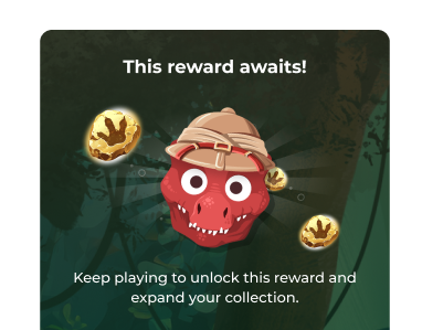 Kahoot game-based learning reward screen showing a dinosaur avatar with gold coins and unlock prompt