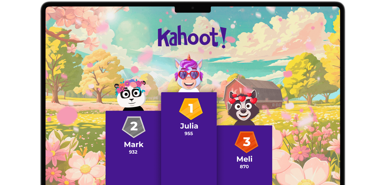 Kahoot! characters on podium on Macbook screen